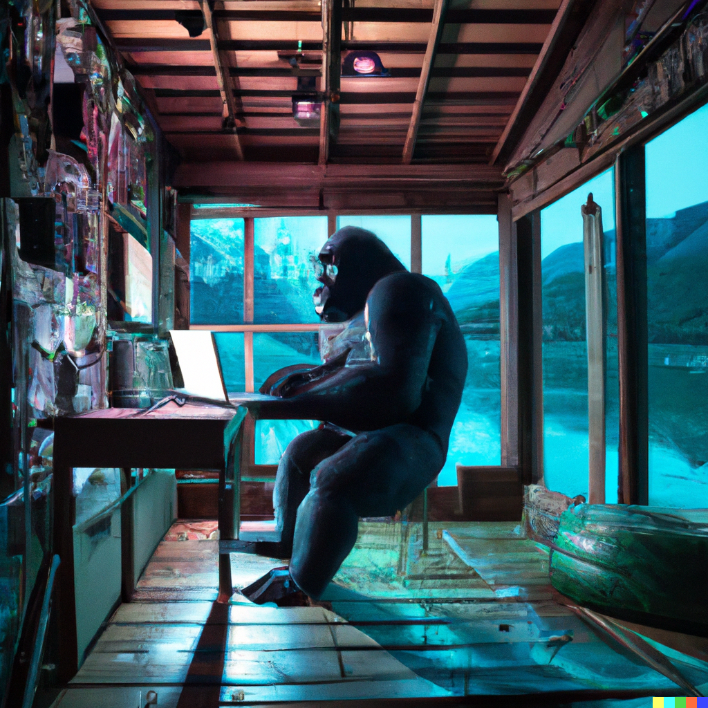 gorilla working on a computer in a boathouse
